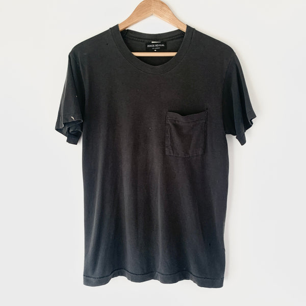 1980s Zeros Revival Vintage Blank Pocket Tee Shirt - Black